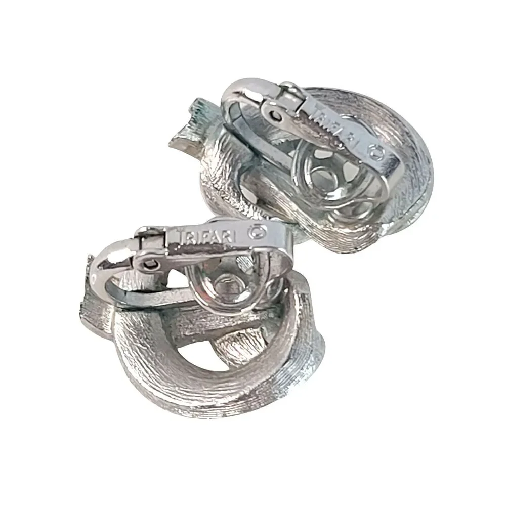 Vintage Trifari Brushed Silver Tone Swirl Clip Earrings Signed